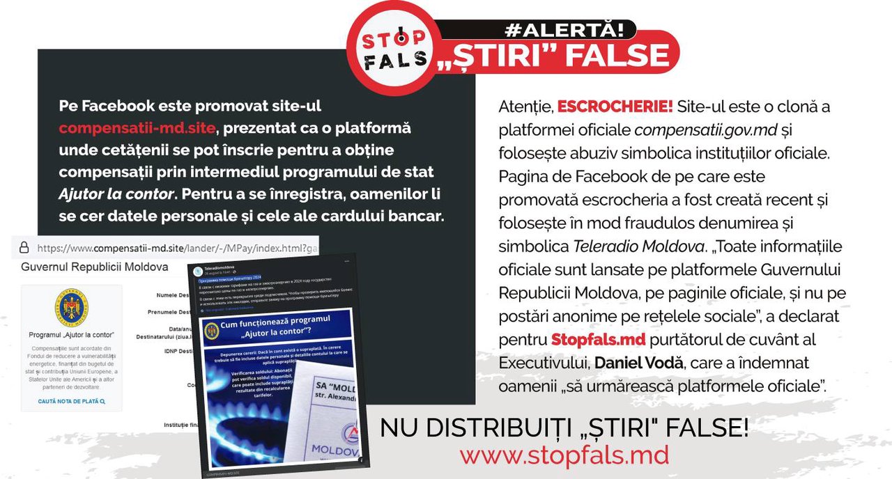 Atenție, fals. Pe Facebook este promovată o platformă clonă compensatii-md.site