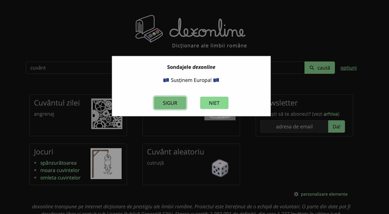„Susținem Europa” sau citiți în chirilică? Pe pagina dexonline sunt afișate „sondaje” și mesaje cu tentă electorală