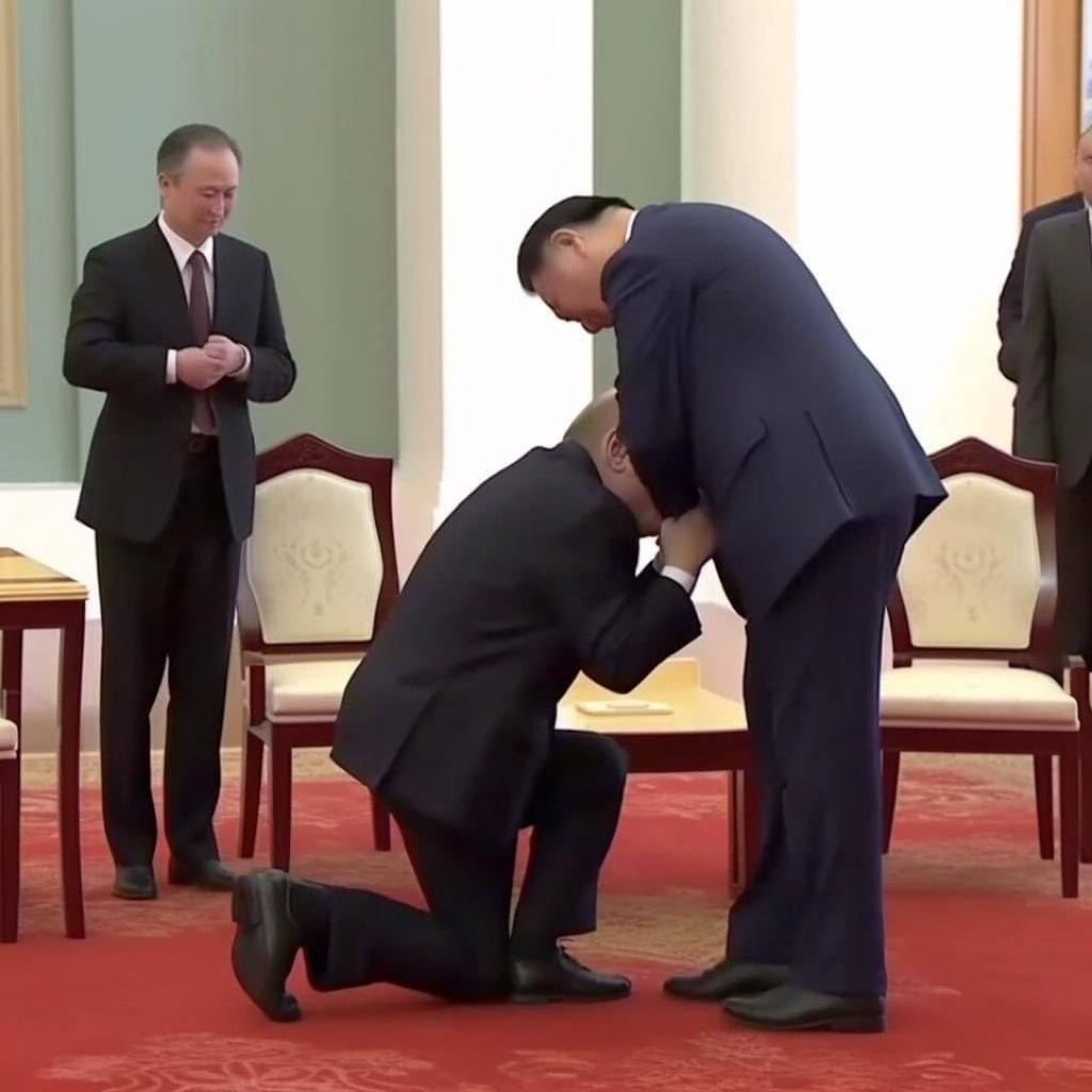 Viral, dar ireal. Fotografia cu Putin îngenuncheat în fața lui Xi Jinping este opera inteligenței artificiale (FOTO)