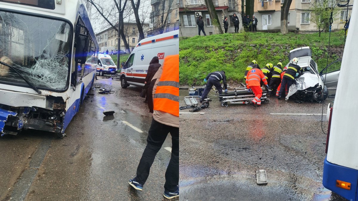Chișinău: troleibuz tamponat de un automobil care ar fi circulat pe contrasens